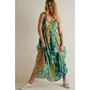 New Free People Moondive Boho Floral Maxi Dress Green XS